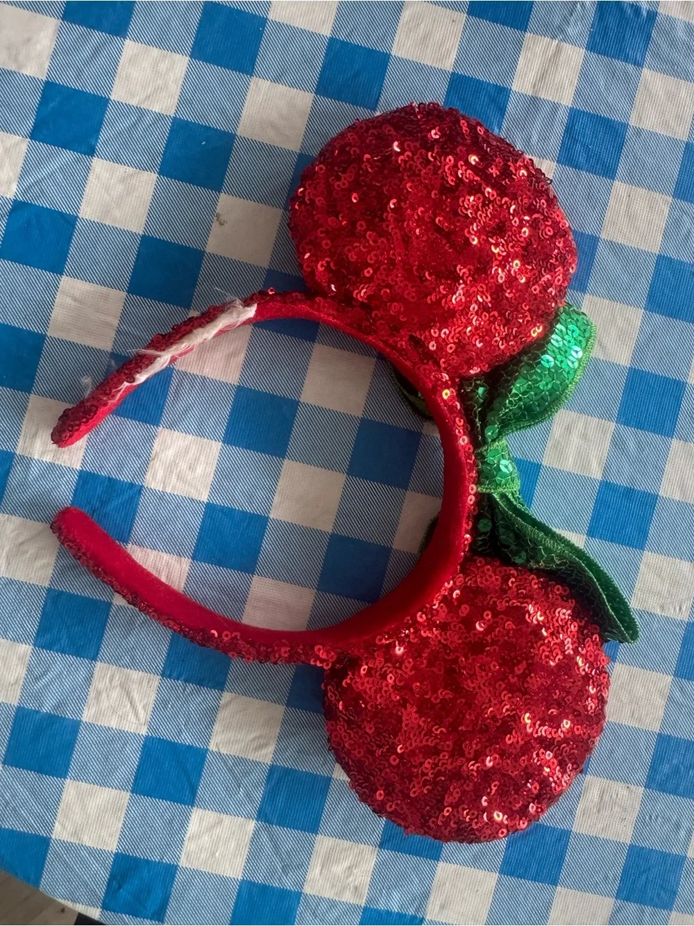 Disney Parks Christmas Minnie Mouse Ears Red Green Sequin Bow Holiday Headband
